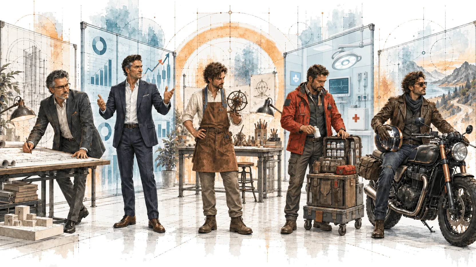 Five men in different professions: an architect, entrepreneur, craftsperson, doctor and traveller