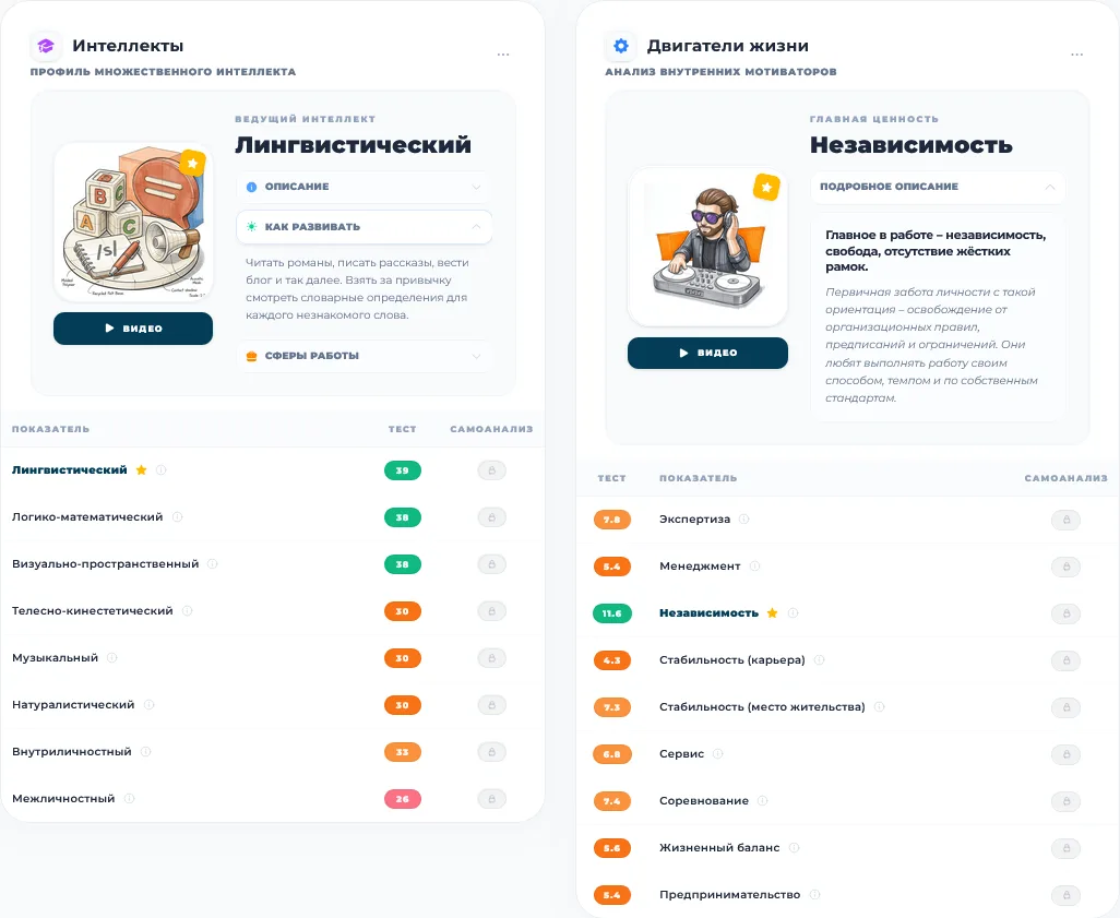 Results for intelligences and life drivers